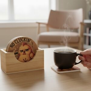 Handcrafted Funny Coffee Themed Coasters Set With Holder (6)